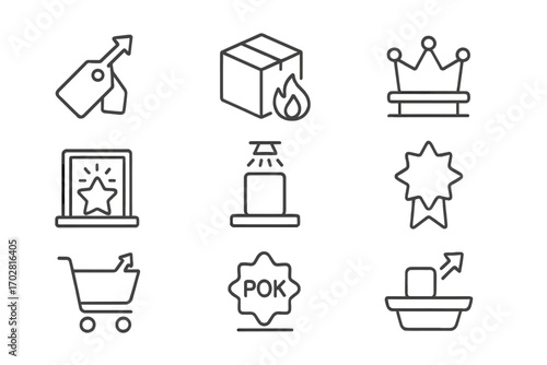 Trending Product Icons. Line style icons of trending products: upward arrow with tag, product box with fire icon, crown on item