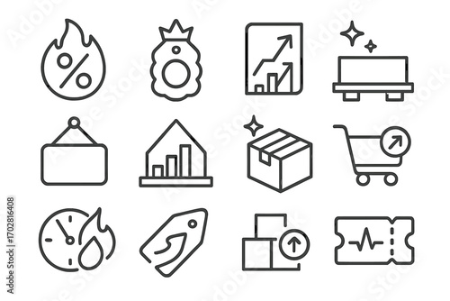 Line Style Deals Icons. Line style icons of trending deals: percent icon with flame, discount label with crown, flyer with rising
