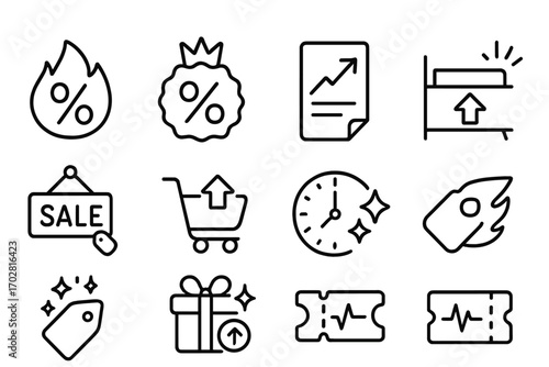 Line Style Deals Icons. Line style icons of trending deals: percent icon with flame, discount label with crown, flyer with rising