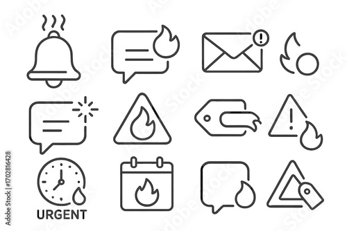 Hot Notification Icons. Line style icons of hot notifications: bell icon with heat wave, pop-up message with flame, urgent inbox