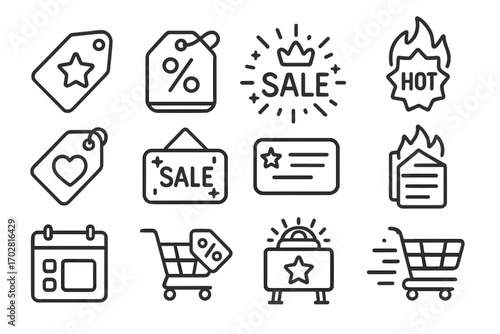 Line Style Sale Icons. Line style icons of popular sales: red tag with star, discount label with crown, flashing sale icon, hot