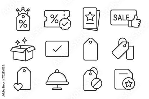 Discount Icon Collection. Line style icons of recommended discounts: percent tag with crown, coupon with badge, flyer with star,
