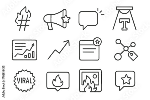 Trending Topic Icons. Line style icons of trending topics: hashtag with flame, megaphone with star label, comment bubble with