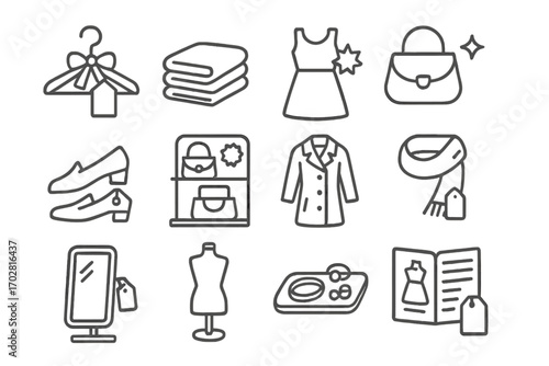 New Fashion Icons. Line style icons of new fashion arrivals: hanger with ribbon tag, folded garment stack, dress with “NEW” label,