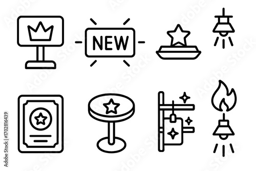 Featured Product Icon Set. Line style icons of featured products in store: display stand with crown, new arrival with glow label,