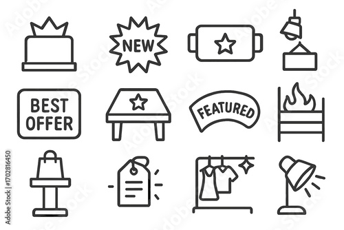 Featured Product Icon Set. Line style icons of featured products in store: display stand with crown, new arrival with glow label,
