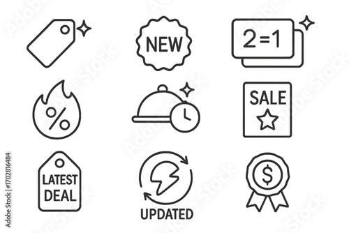Line Style Deals Icons. Line style icons of latest deals: price tag with spark, discount badge with “new” icon, offer card with