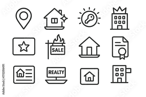 Real Estate Icons. Line style icons of latest listings: real estate icon with “new” tag, house tray with sparkle, key badge with