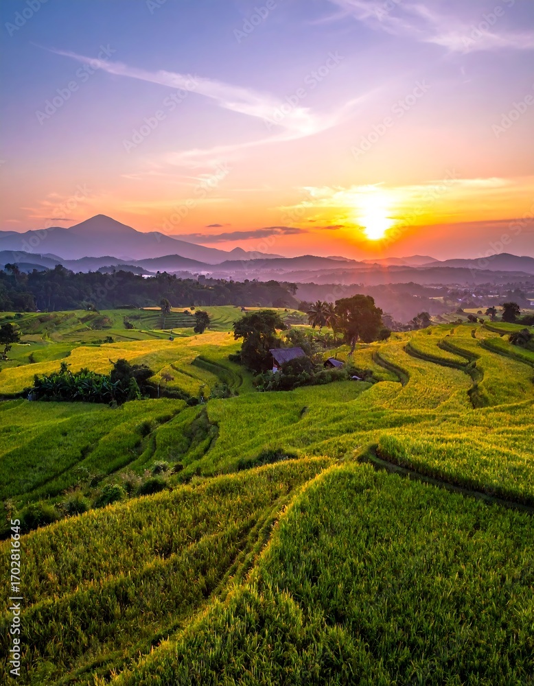 Obraz premium Panoramic sunrise over terraced rice paddies