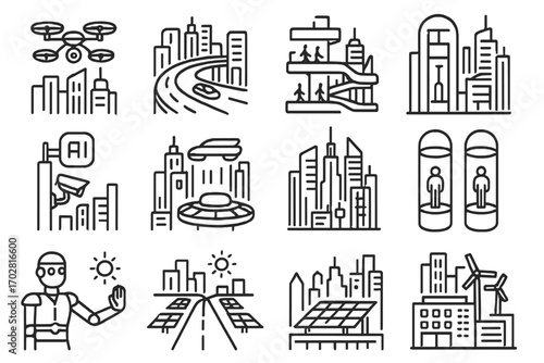 Futuristic City Icons. Line style icons of futuristic cities: flying drones swarm, sky highway, layered pedestrian zone, floating