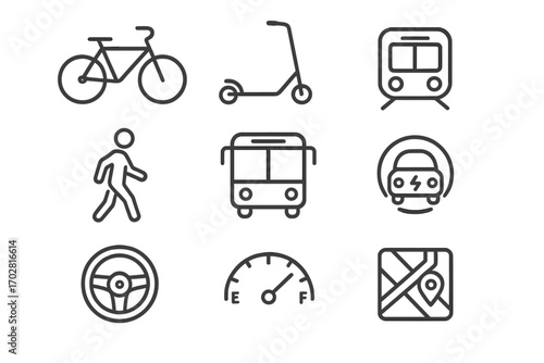 Minimal Mobility Icons. Line style icons of minimal mobility: bicycle line, scooter outline, skateboard, rollerblade icon; walking