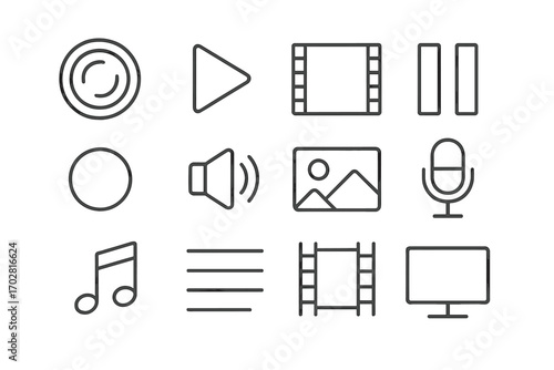 Minimal Media Icons. Line style icons of minimal media: camera lens, play triangle, video frame, pause bars; record dot, speaker