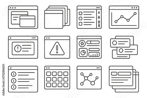 Line Style Digital Interfaces. Line style icons of maximal digital interfaces: popup-filled browser, window stack, multitool