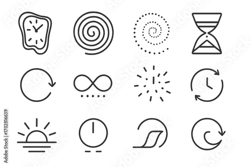 Abstract Time Icons. Line style icons of abstract time: melting clock, expanding circle rings, dashed spiral, layered hourglass;