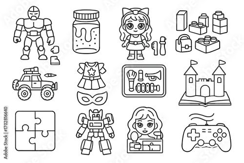 Maximal Toy Icons. Line style icons of maximal toys: multi-part action figure, glitter slime jar, accessory-loaded doll,