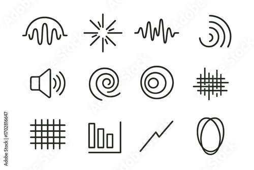 Abstract Sound Icons. Line style icons of abstract sound: waveform arc, frequency burst, vibration line, echo path; speaker pulse