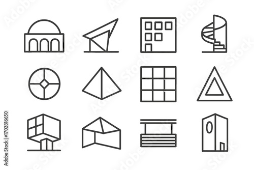 Geometric Architectural Icons. Line style icons of geometric architecture: domed roof, angular pavilion, modular facade, staircase