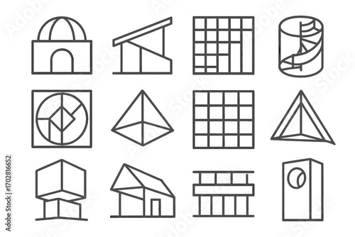 Geometric Architectural Icons. Line style icons of geometric architecture: domed roof, angular pavilion, modular facade, staircase