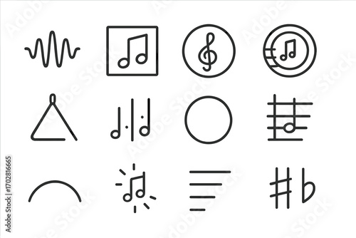 Geometric Music Icons. Line style icons of geometric music symbols: sound wave shape, note in square, circle staff, layered tone