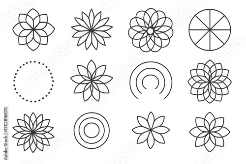 Geometric Mandala Icons. Line style icons of geometric mandalas: layered petals, radiating triangles, circular symmetry, spoked