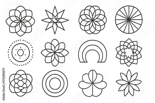 Geometric Mandala Icons. Line style icons of geometric mandalas: layered petals, radiating triangles, circular symmetry, spoked