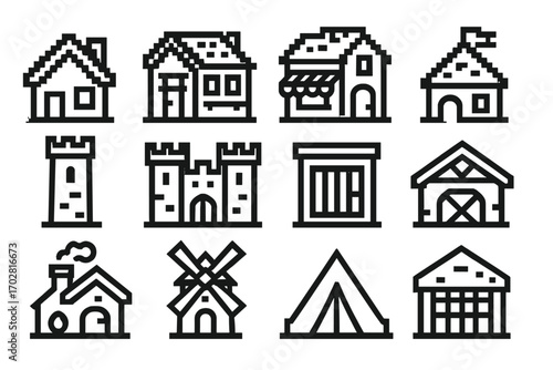 Pixel Building Icons. Line style icons of pixel buildings: pixel house, pixel inn, pixel shop, pixel tavern; pixel tower, pixel