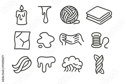 Organic Material Icons. Line style icons of organic materials: melting wax, dripping honey, tangled yarn, folded fabric; creased