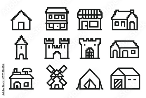 Pixel Building Icons. Line style icons of pixel buildings: pixel house, pixel inn, pixel shop, pixel tavern; pixel tower, pixel