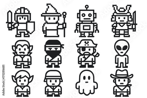 Pixel Characters Line Art. Line style icons of pixel characters: pixel knight, pixel wizard, pixel robot, pixel samurai; pixel