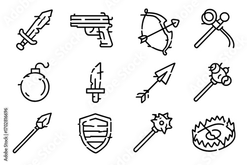 Glitch Style Weapons. Line style icons of glitch weapons: broken sword, distorted gun, flickering bow, corrupted axe; phased bomb,