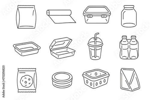 Transparent Packaging Icons. Line style icons of transparent food packaging: transparent bag, transparent wrap, transparent