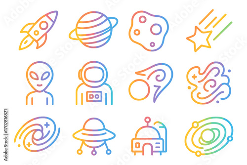 Rainbow Space Icons. Line style icons of rainbow outer space: rainbow rocket, rainbow planet, rainbow asteroid, rainbow star trail