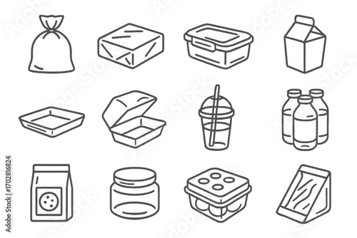 Transparent Packaging Icons. Line style icons of transparent food packaging: transparent bag, transparent wrap, transparent