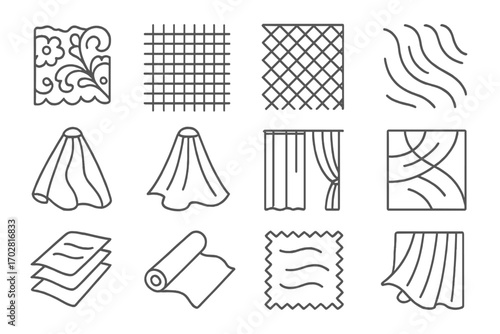 Transparent Fabric Icons. Line style icons of transparent fabrics: transparent lace, transparent mesh, transparent netting,