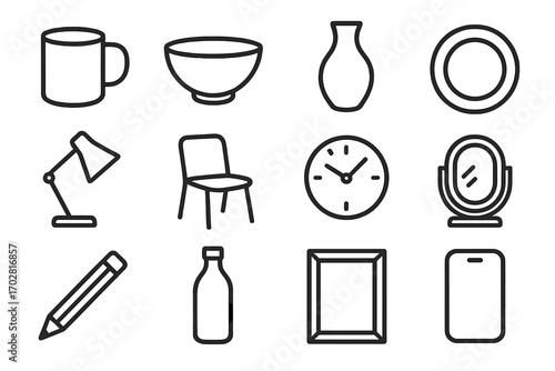 Matte Object Icons. Line style icons of matte objects: matte mug, matte bowl, matte vase, matte plate; matte lamp, matte chair,