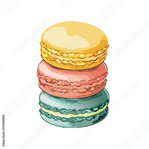 Refined whimsical watercolor sketchbook illustration of a delicate stack of three French macarons.