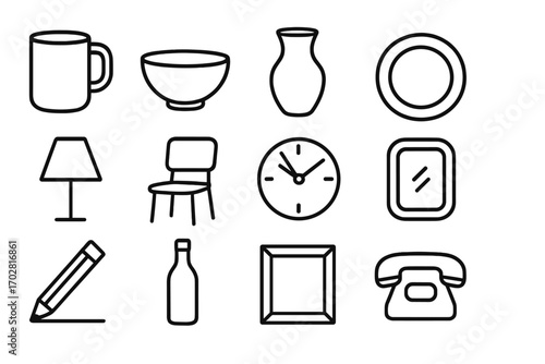 Matte Object Icons. Line style icons of matte objects: matte mug, matte bowl, matte vase, matte plate; matte lamp, matte chair,
