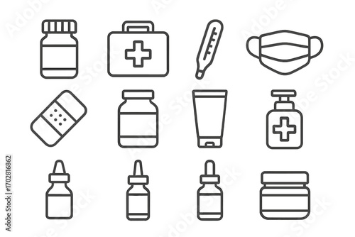 Opaque Health Icons. Line style icons of opaque health products: opaque pill bottle, opaque first aid kit, opaque thermometer,
