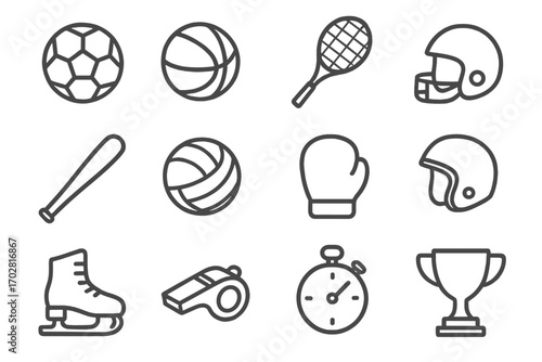 Matte Sports Gear Icons. Line style icons of matte sports gear: matte soccer ball, matte basketball, matte dumbbell, matte tennis