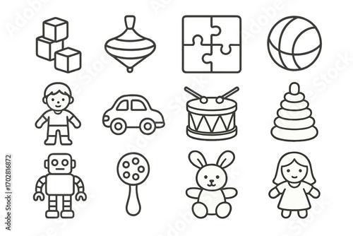 Matte Toy Icons. Line style icons of matte toys: matte building blocks, matte spinning top, matte puzzle, matte ball; matte action