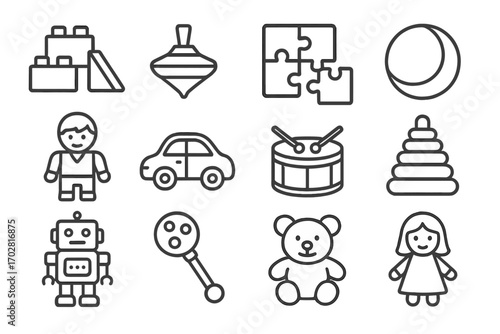 Matte Toy Icons. Line style icons of matte toys: matte building blocks, matte spinning top, matte puzzle, matte ball; matte action