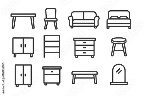 Matte Furniture Icons. Line style icons of matte furniture: matte table, matte chair, matte sofa, matte bed; matte cabinet, matte