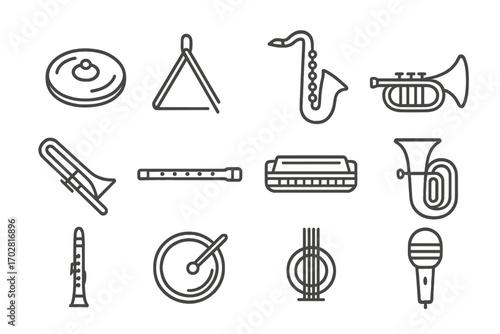 Metallic Instrument Icons. Line style icons of metallic music instruments: metallic cymbal, metallic triangle, metallic saxophone,
