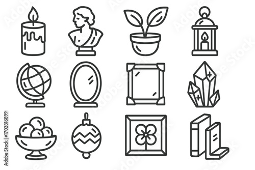 Glossy Decor Icons. Line style icons of glossy decor: glossy candle, glossy sculpture, glossy flower pot, glossy lantern; glossy