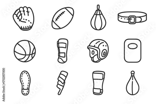 Leather Sports Icons. Line style icons of leather sports items: leather baseball glove, leather football, leather punching bag,