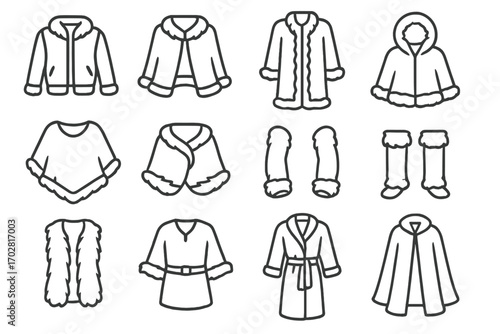 Fur Clothing Icons. Line style icons of fur clothing: fur jacket, fur cape, fur overcoat, fur-lined hood; fur poncho, fur shawl,