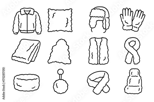 Faux Fur Icons. Line style icons of faux fur items: faux fur jacket, faux fur pillow, faux fur hat, faux fur gloves; faux fur