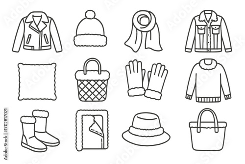 Fur Blend Line Icons. Line style icons of fur blends and hybrids: fur and leather jacket, fur and wool hat, fur and silk scarf,