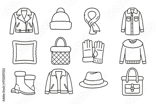 Fur Blend Line Icons. Line style icons of fur blends and hybrids: fur and leather jacket, fur and wool hat, fur and silk scarf,