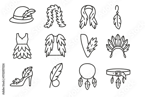 Feather Fashion Icons. Line style icons of feather fashion: feather hat, feather boa, feather scarf, feather earring; feather